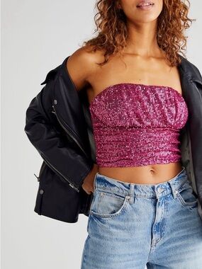 Free People Ta-Da Pink Sequin Strapless Top